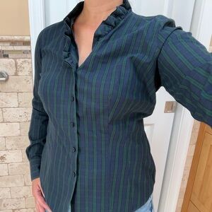 Brooks Brothers Plaid Ruffle Collar Tartan Button Down Shirt, size 4, women’s